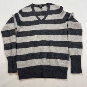 Only Mine 100% 2 Ply Cashmere V-Neck Striped Sweater Grey Women's Medium Flaw